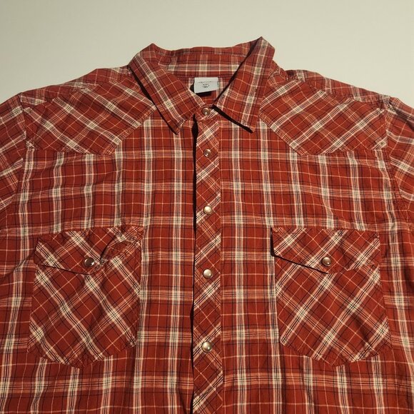 Old Navy Pearl Snap Shirt Western Red Black Plaid Rodeo Cowboy Mens XXL‎ 2XL EUC - Picture 2 of 13